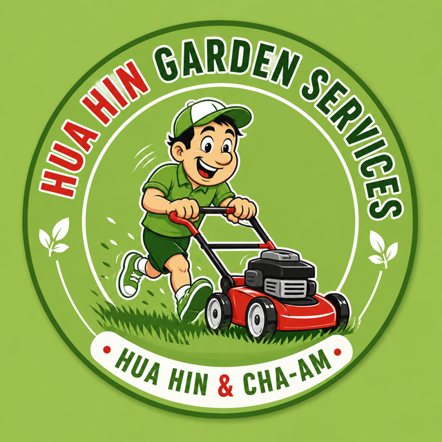 Hua Hin Garden Services logo: a smiling gardener pushing a red lawn mower